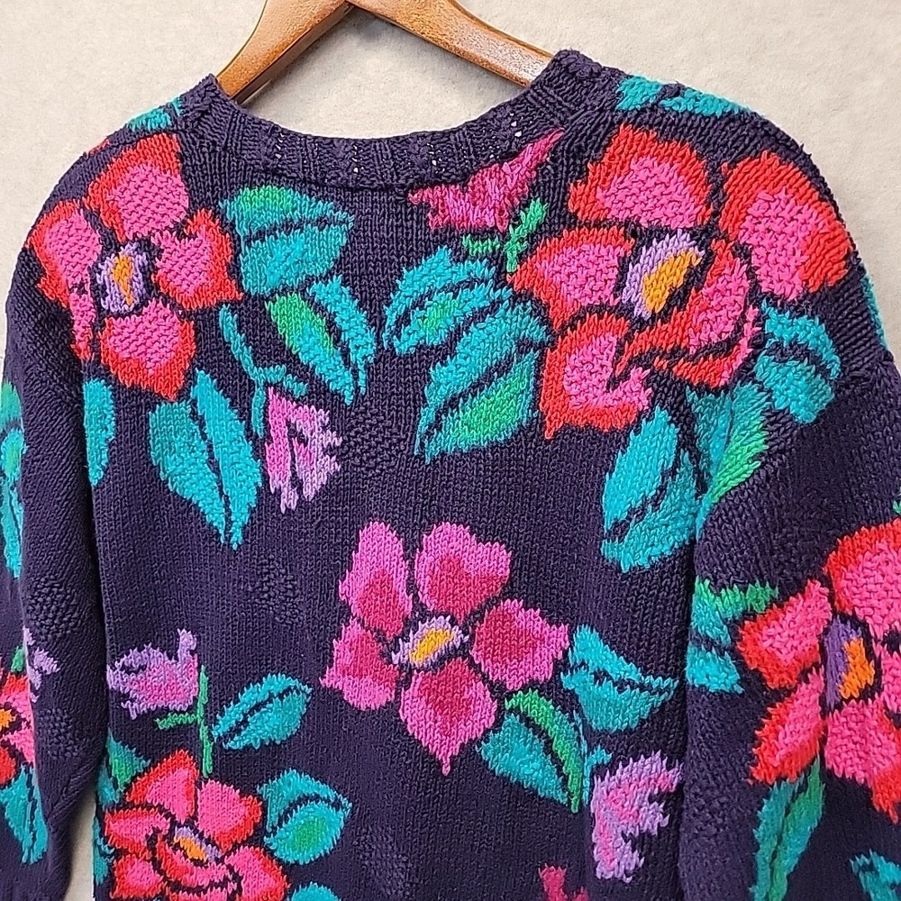 Vintage Izod Sweater Women M Floral Cardigan Hand Knit Cotton Blend Vibrant Rare - Picture 6 of 16